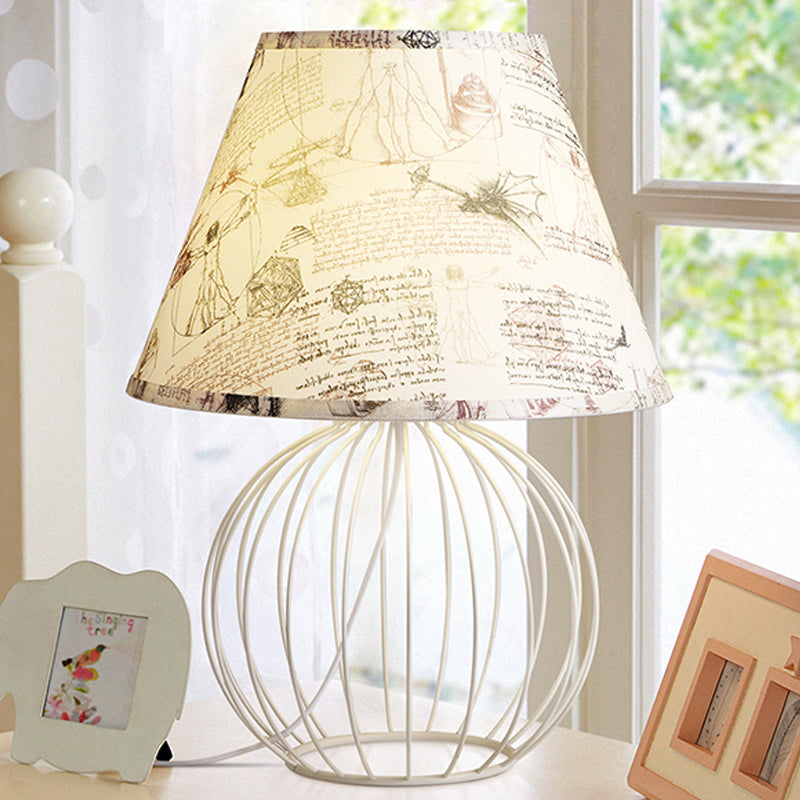 White 1-Light Desk Lamp With Traditional Fabric Shade And Wire Cage Base