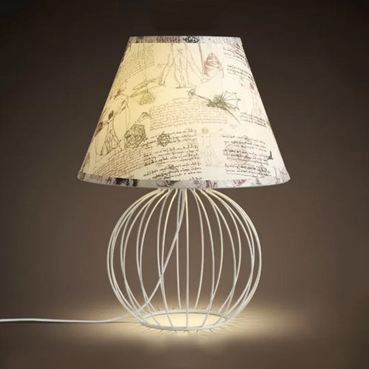 White 1-Light Desk Lamp With Traditional Fabric Shade And Wire Cage Base