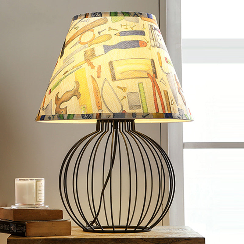 Vintage Fabric Black Nightstand Light With Orb Cage Base - Elegant Desk Lighting For Living Room And