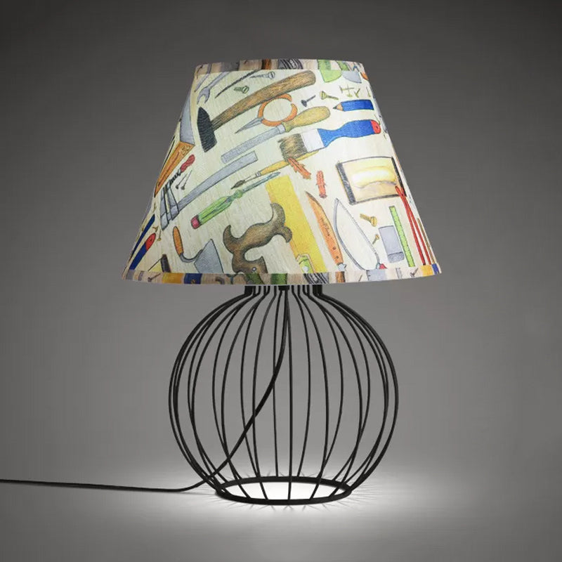 Vintage Fabric Black Nightstand Light With Orb Cage Base - Elegant Desk Lighting For Living Room And