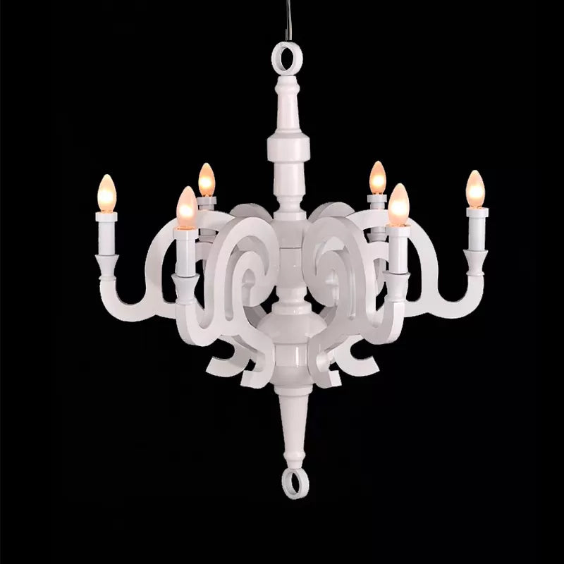 Wooden Candlestick Chandelier - Traditional 6-Head Pendant Light For Living Room Ceiling White