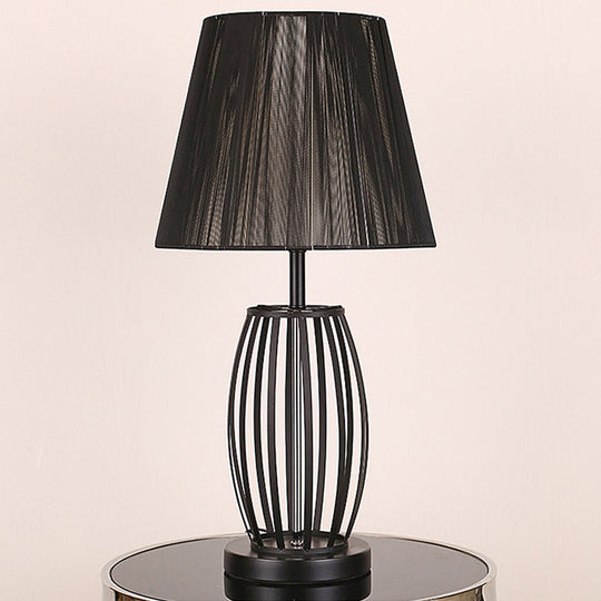 Traditional Black Bucket Table Lamp For Bedroom Nightstand - Single Head Fabric Shade With Wire Cage