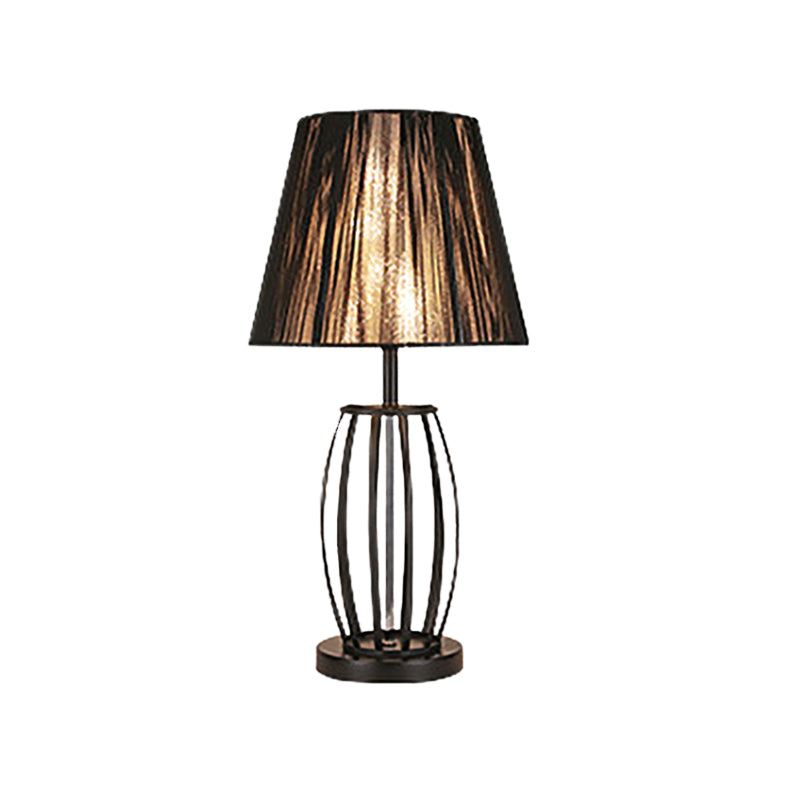 Traditional Black Bucket Table Lamp For Bedroom Nightstand - Single Head Fabric Shade With Wire Cage