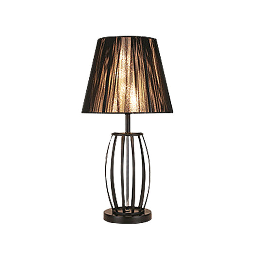 Traditional Black Bucket Table Lamp For Bedroom Nightstand - Single Head Fabric Shade With Wire Cage