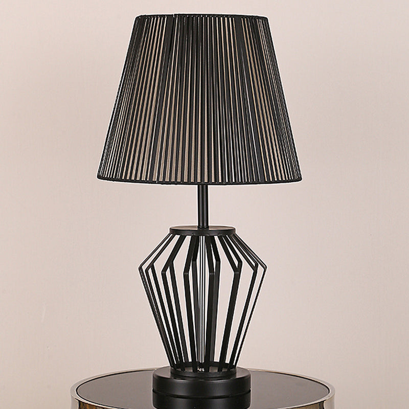 Traditional Black Bucket Table Lamp For Bedroom Nightstand - Single Head Fabric Shade With Wire Cage