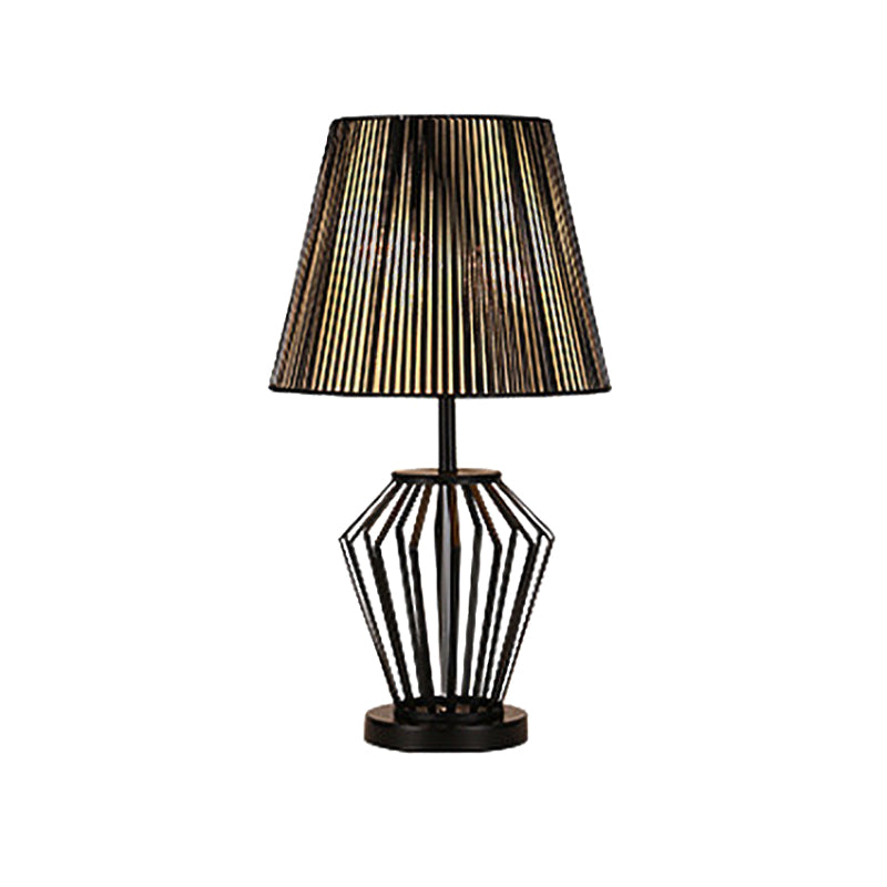 Traditional Black Bucket Table Lamp For Bedroom Nightstand - Single Head Fabric Shade With Wire Cage