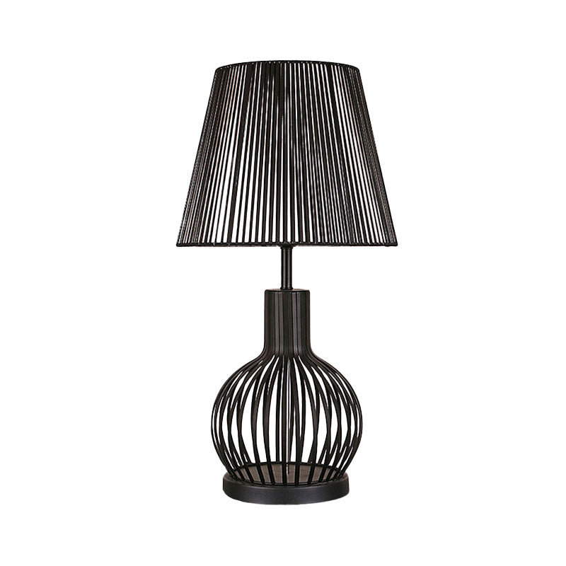 Traditional Black Bucket Table Lamp For Bedroom Nightstand - Single Head Fabric Shade With Wire Cage