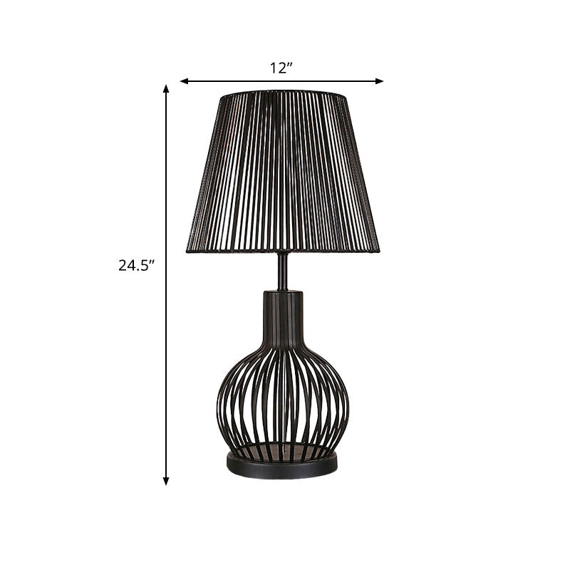 Traditional Black Bucket Table Lamp For Bedroom Nightstand - Single Head Fabric Shade With Wire Cage