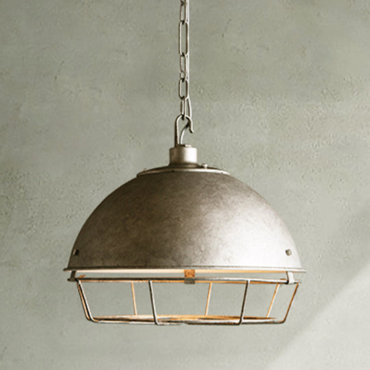 Industrial Iron Pendant Light Fixture with Aged Silver/Black Finish - Bowl Shape, Hooded Cage - Ideal for Restaurants