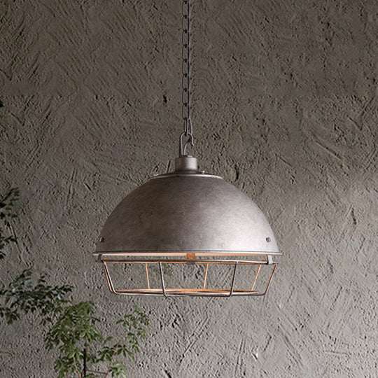 Industrial Iron Pendant Light With Hooded Cage - Aged Silver/Black Bowl Shape Ideal For Restaurants