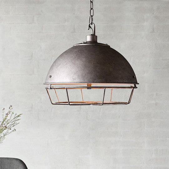 Industrial Iron Pendant Light Fixture with Aged Silver/Black Finish - Bowl Shape, Hooded Cage - Ideal for Restaurants