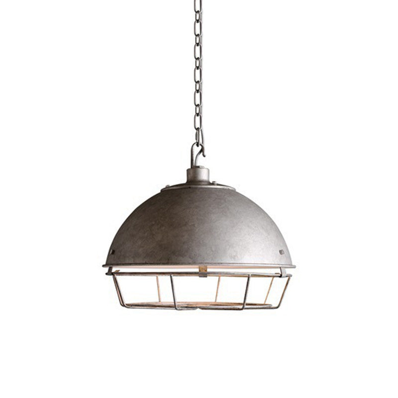 Industrial Iron Pendant Light Fixture with Aged Silver/Black Finish - Bowl Shape, Hooded Cage - Ideal for Restaurants