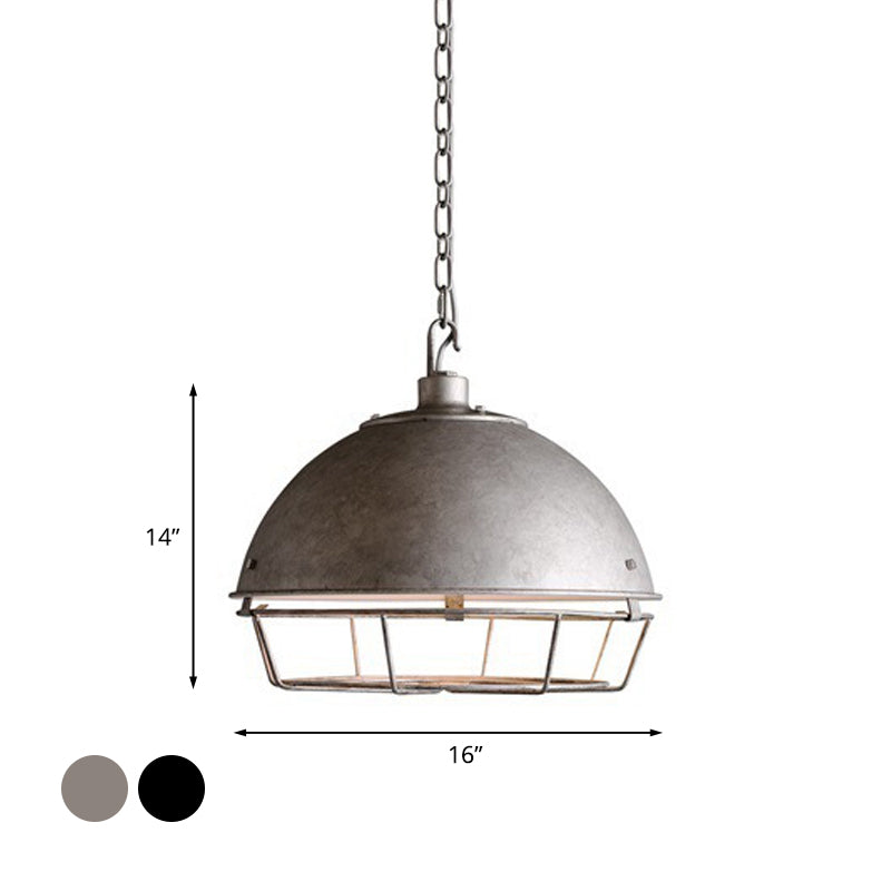 Industrial Iron Pendant Light Fixture with Aged Silver/Black Finish - Bowl Shape, Hooded Cage - Ideal for Restaurants