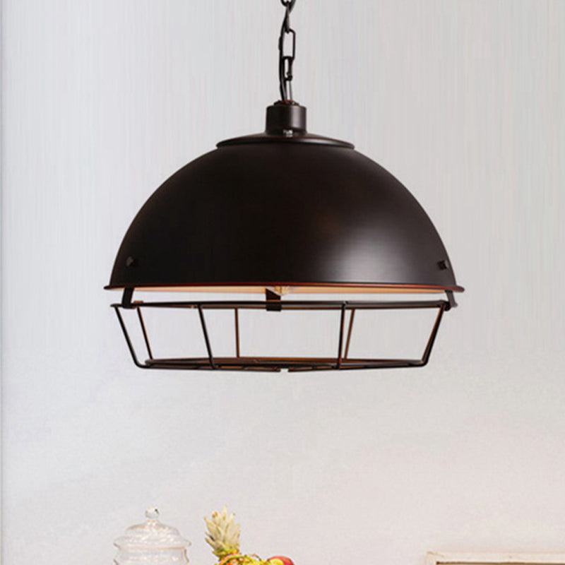 Industrial Iron Pendant Light With Hooded Cage - Aged Silver/Black Bowl Shape Ideal For Restaurants