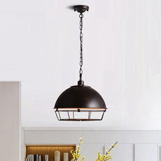 Industrial Iron Pendant Light With Hooded Cage - Aged Silver/Black Bowl Shape Ideal For Restaurants