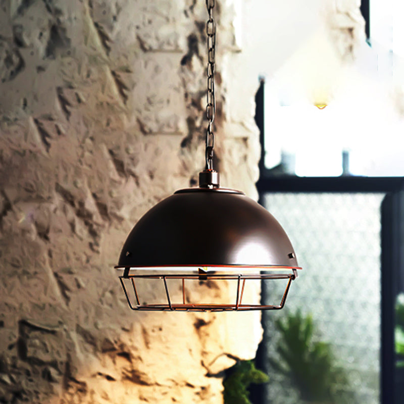 Industrial Iron Pendant Light Fixture with Aged Silver/Black Finish - Bowl Shape, Hooded Cage - Ideal for Restaurants