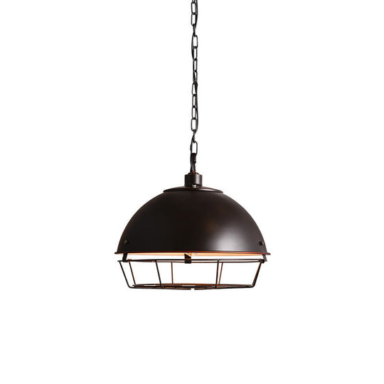 Industrial Iron Pendant Light Fixture with Aged Silver/Black Finish - Bowl Shape, Hooded Cage - Ideal for Restaurants