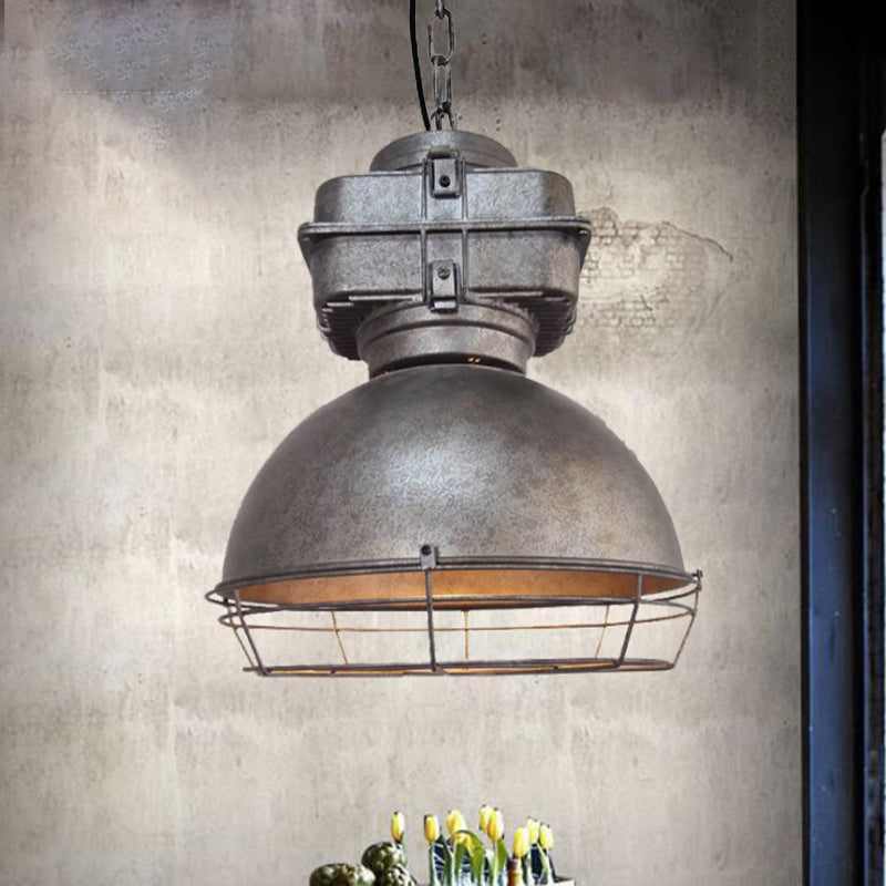 Iron Restaurant Pendant Light With Aged Silver Finish And Wire Guard