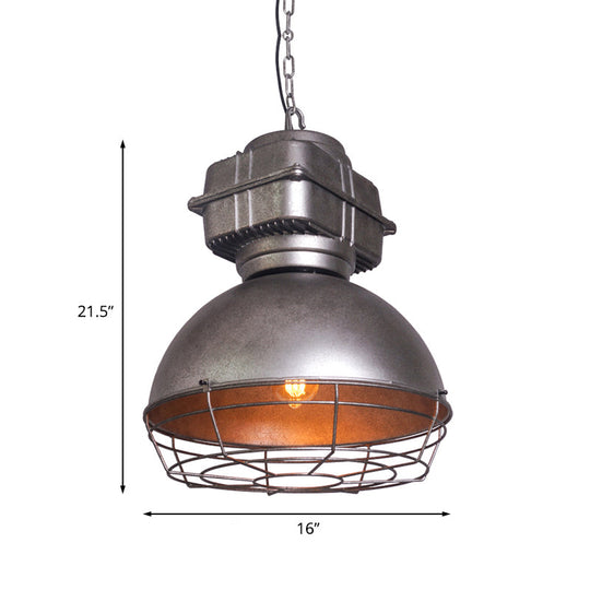 Iron Restaurant Pendant Light With Aged Silver Finish And Wire Guard