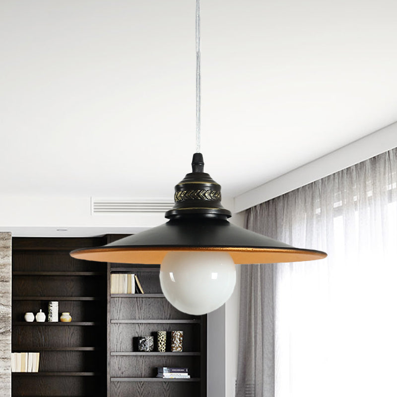 Sleek Saucer Iron Ceiling Pendant Lamp: Industrial 1-Bulb Restaurant Suspension Lighting in Black, 8.5"/14.5" Wide