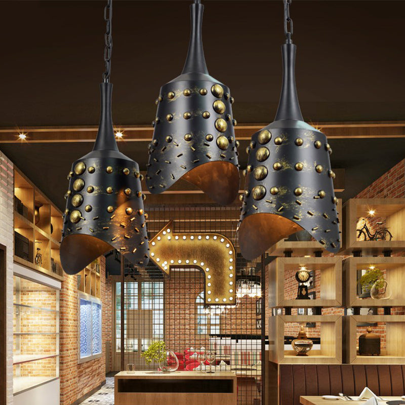 Black Iron Cone Pendant Light Set With 3 Hanging Ceiling Fixtures And Ruffle Edge For Kitchen