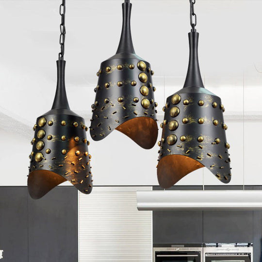 Black Iron Cone Pendant Light Set With 3 Hanging Ceiling Fixtures And Ruffle Edge For Kitchen