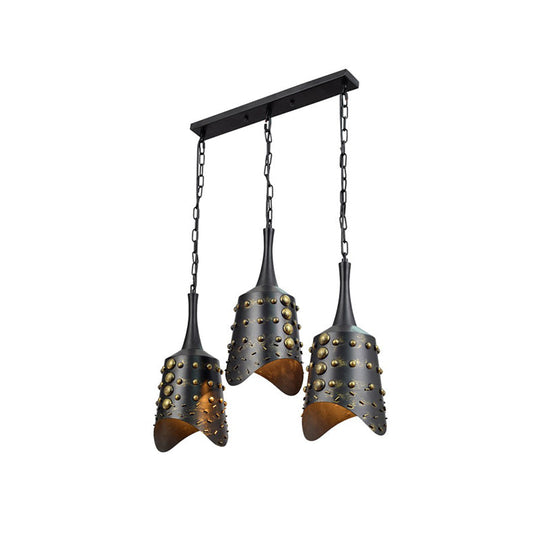 Black Iron Cone Pendant Light Set With 3 Hanging Ceiling Fixtures And Ruffle Edge For Kitchen