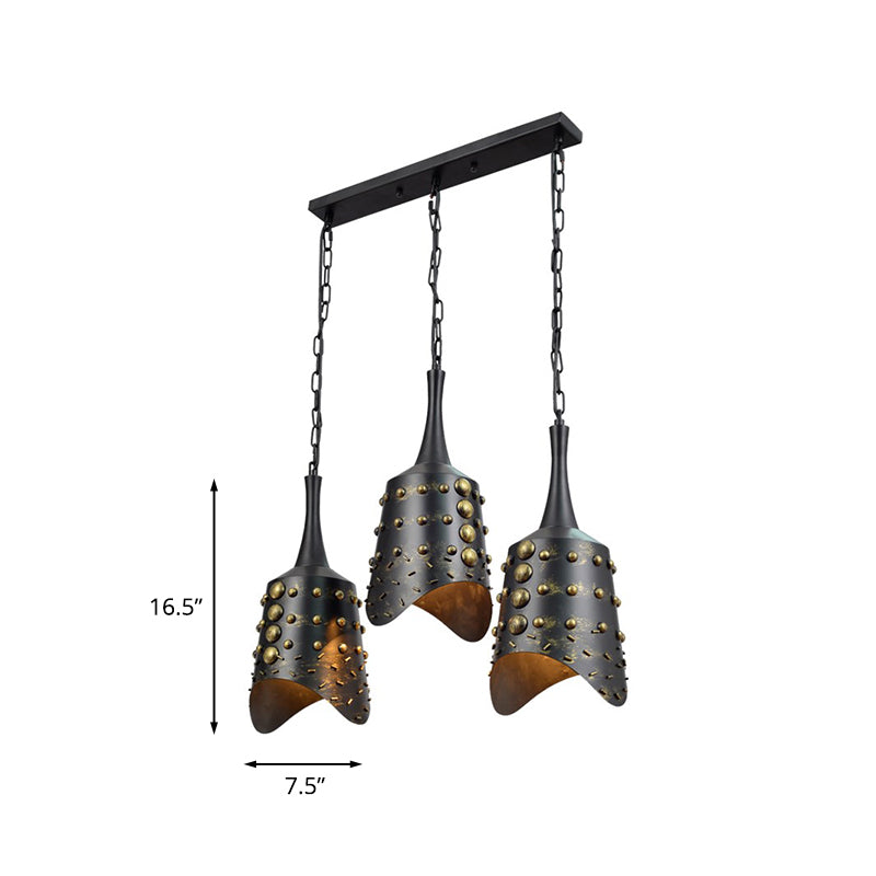 Black Iron Cone Pendant Light Set With 3 Hanging Ceiling Fixtures And Ruffle Edge For Kitchen