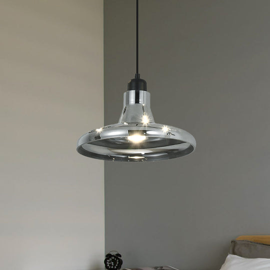 Smoke Gray Glass Pendant Light With Industrial Cone/Saucer Design For Bedroom / D