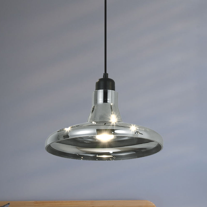 Smoke Gray Glass Pendant Light With Industrial Cone/Saucer Design For Bedroom