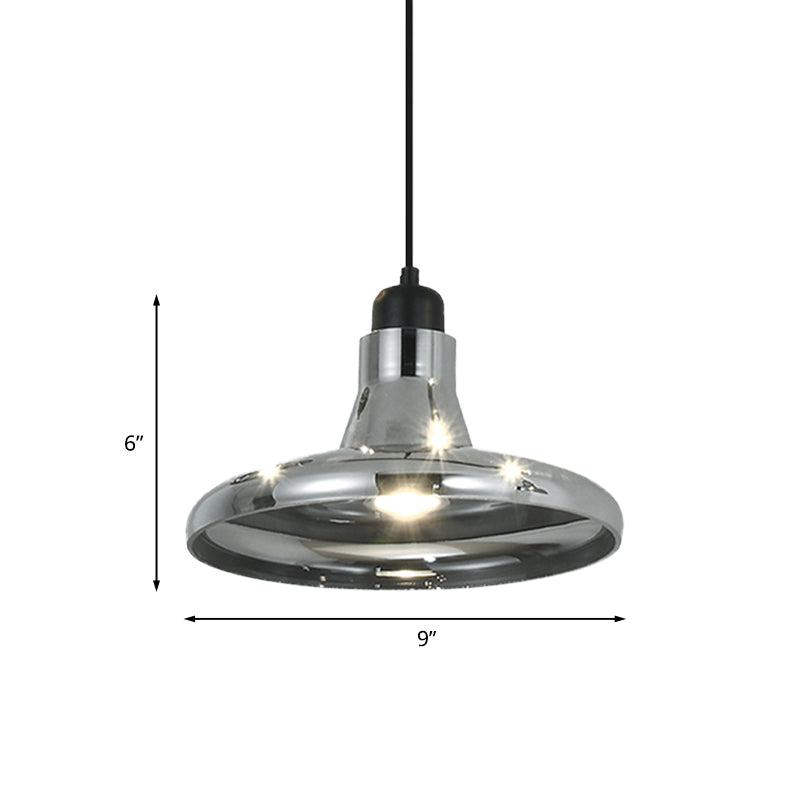 Smoke Gray Glass Pendant Light With Industrial Cone/Saucer Design For Bedroom