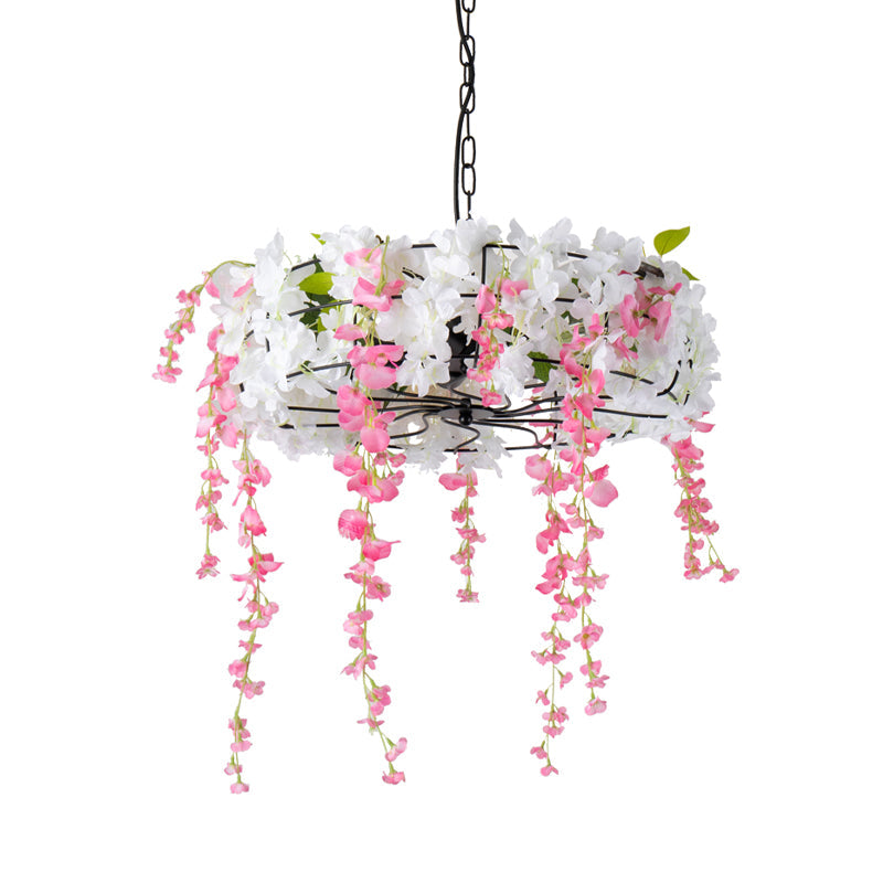 Vintage Iron Cage Chandelier with Cherry Blossom - Black, 3/5-Light for Restaurants