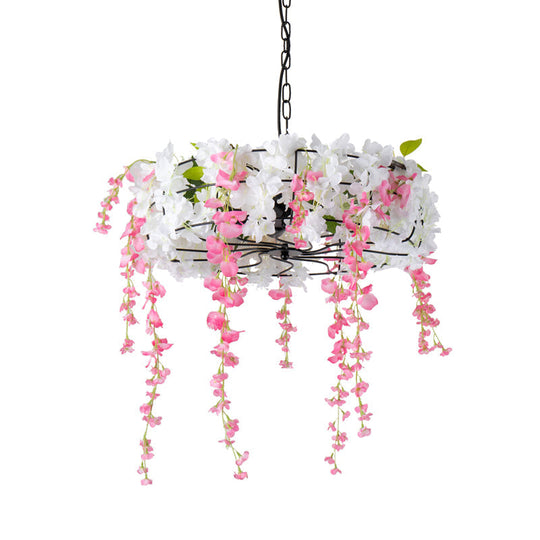 Vintage Iron Cage Chandelier With Cherry Blossom - Restaurant Suspension Lamp (3/5-Light Black)