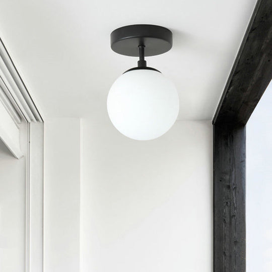 Simple Black Semi Flush Mount Ceiling Light with Milk Glass Shade - Ideal for Corridors and Hallways