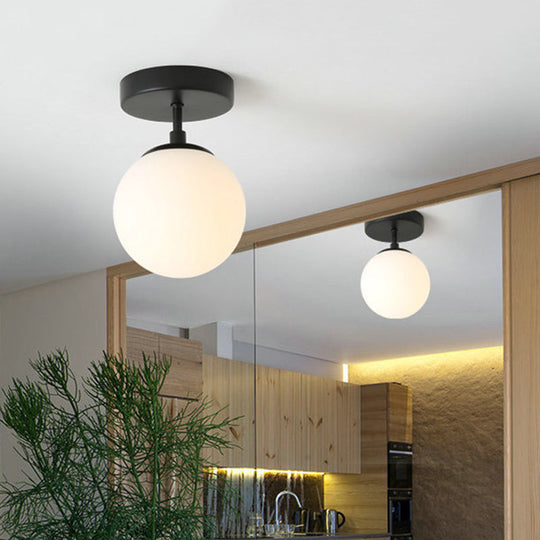 Simple Black Semi Flush Mount Ceiling Light with Milk Glass Shade - Ideal for Corridors and Hallways