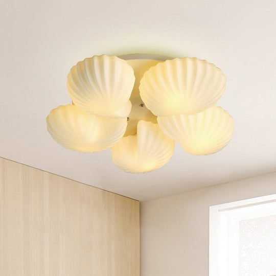 Modern Semi-Mount 5-Light Ceiling Lamp with Frosted White Glass and Shell Scallop Design