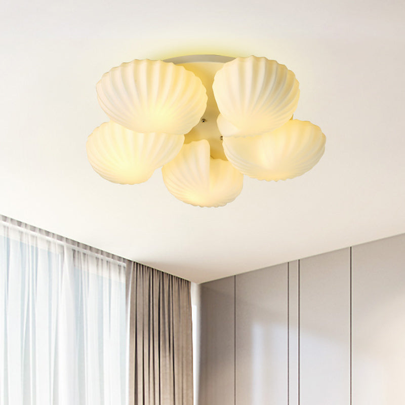 Modern Semi-Mount 5-Light Ceiling Lamp with Frosted White Glass and Shell Scallop Design