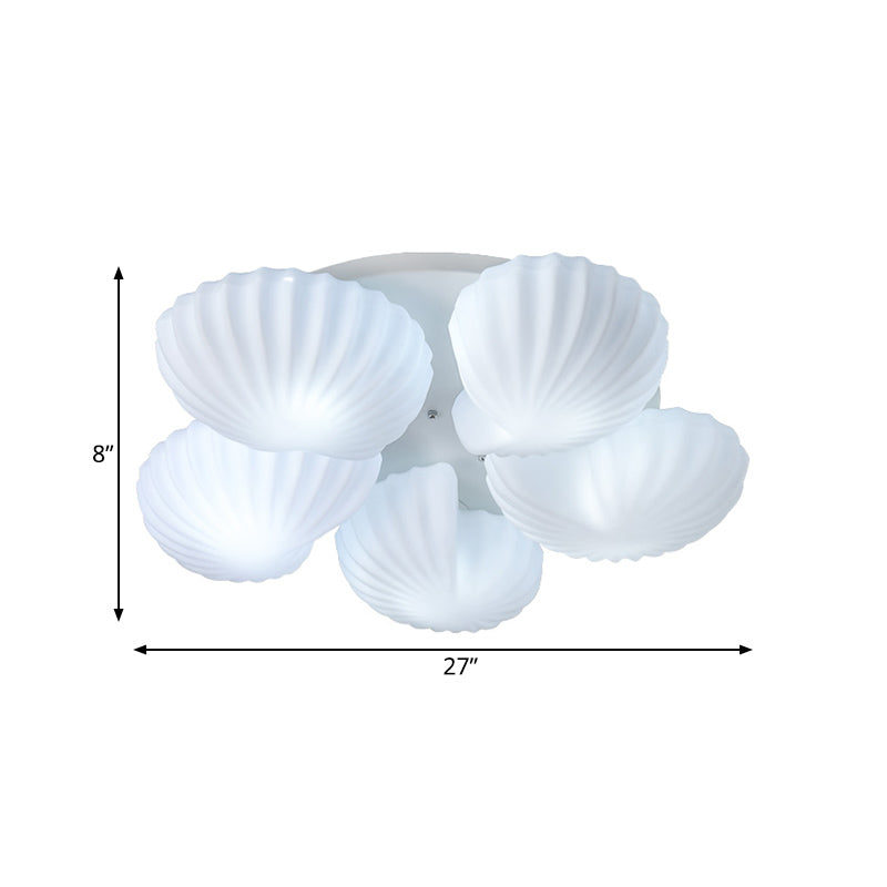 Modern Semi-Mount 5-Light Ceiling Lamp with Frosted White Glass and Shell Scallop Design