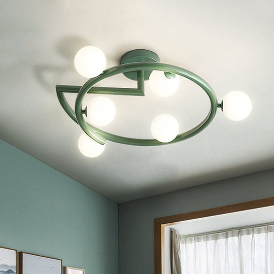 Green Swirled Arm Milk Glass Bubble Flush Light - Nordic 6 Heads Semi-Flush Ceiling Light