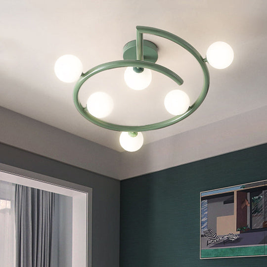 Green Swirled Arm Milk Glass Bubble Flush Light - Nordic 6 Heads Semi-Flush Ceiling Light