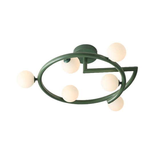 Green Swirled Arm Milk Glass Bubble Flush Light - Nordic 6 Heads Semi-Flush Ceiling Light