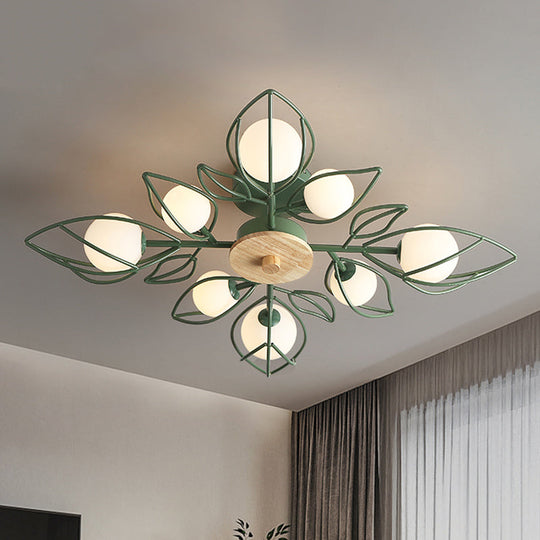 Nordic 8-Light Flush Mount Ceiling Light: Green Petal Design with Metallic Finish & Orb Glass Shade