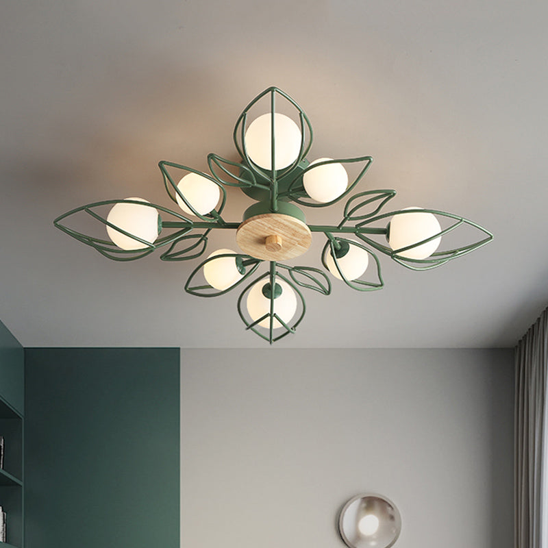 Nordic 8-Light Flush Mount Ceiling Light: Green Petal Design with Metallic Finish & Orb Glass Shade