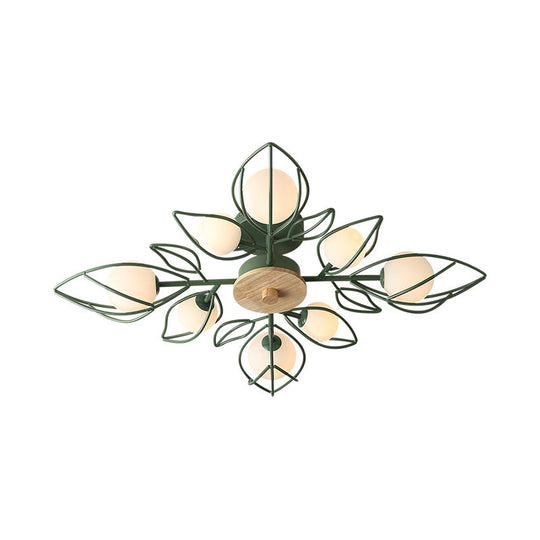 Nordic 8-Light Flush Mount Ceiling Light: Green Petal Design With Metallic Finish & Orb Glass Shade