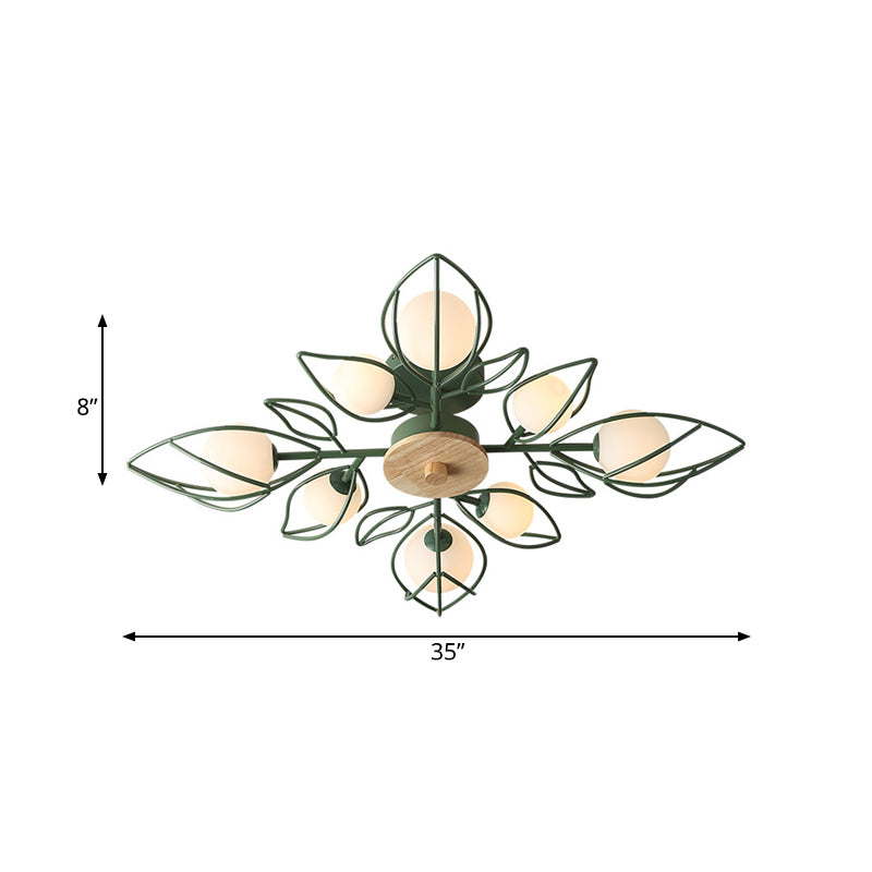 Nordic 8-Light Flush Mount Ceiling Light: Green Petal Design with Metallic Finish & Orb Glass Shade