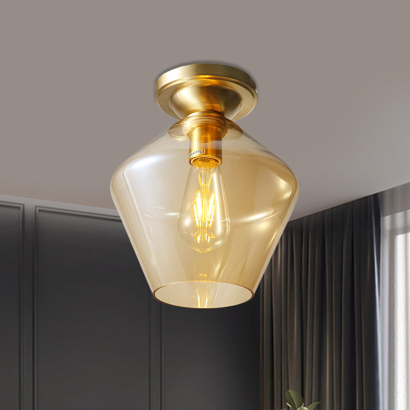 Mid Century Glamour: Cognac Glass Diamond Shaped Brass Flush Mount Ceiling Lamp - Single 9"/15" Wide