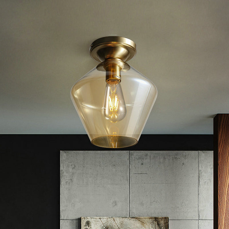 Mid Century Glamour: Cognac Glass Diamond Shaped Brass Flush Mount Ceiling Lamp - Single 9"/15" Wide