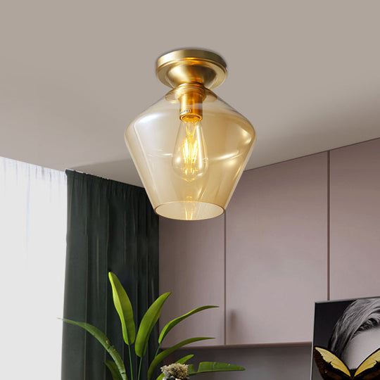 Mid Century Glamour: Cognac Glass Diamond Shaped Brass Flush Mount Ceiling Lamp - Single 9"/15" Wide