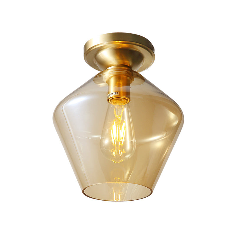 Mid Century Glamour: Cognac Glass Diamond Shaped Brass Flush Mount Ceiling Lamp - Single 9"/15" Wide