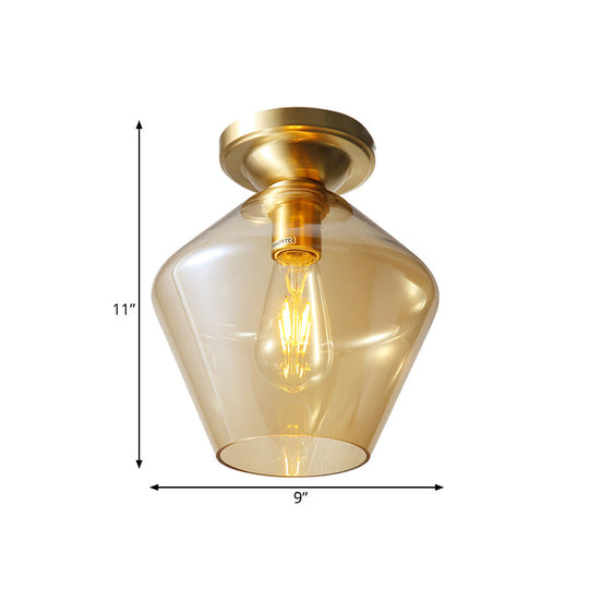 Mid Century Glamour: Cognac Glass Diamond Shaped Brass Flush Mount Ceiling Lamp - Single 9/15 Wide